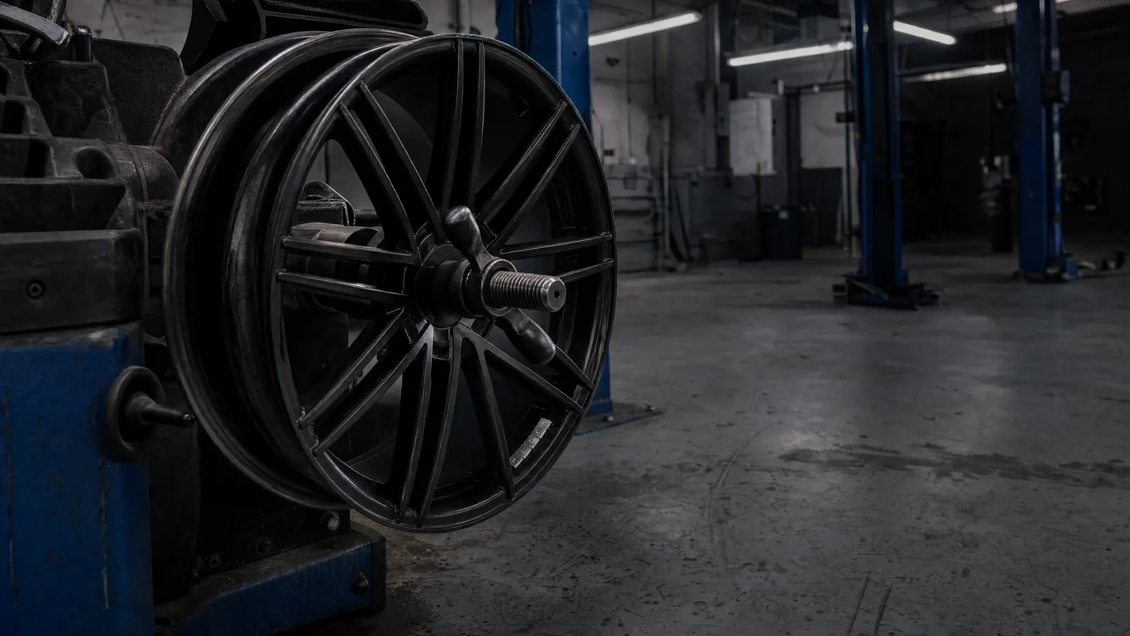 Eine schwarze Felge auf der Auswuchtmaschine, innen eine Reihe Klebegewichte.