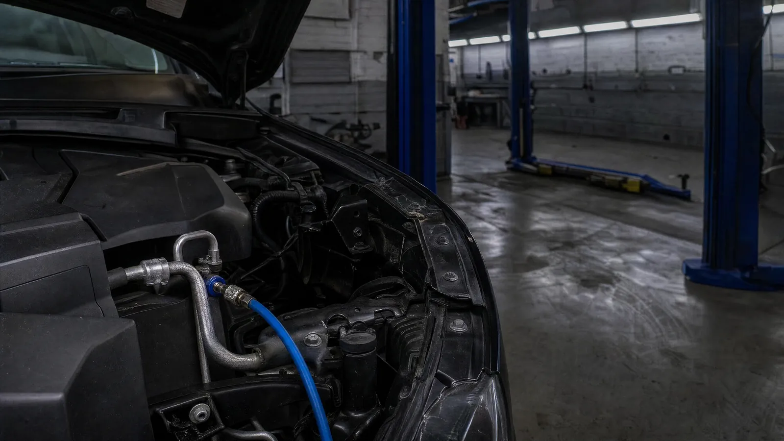 Motorraum mit angeschlossenem blauem Klima-Serviceschlauch am Niederdruckanschluss.